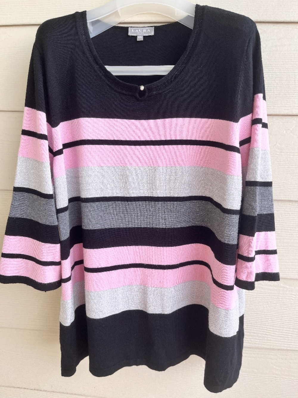 Laura Plus 2X Pink Striped Rayon Blend Lurex Shimmer Sweater 3/4 Sleeve